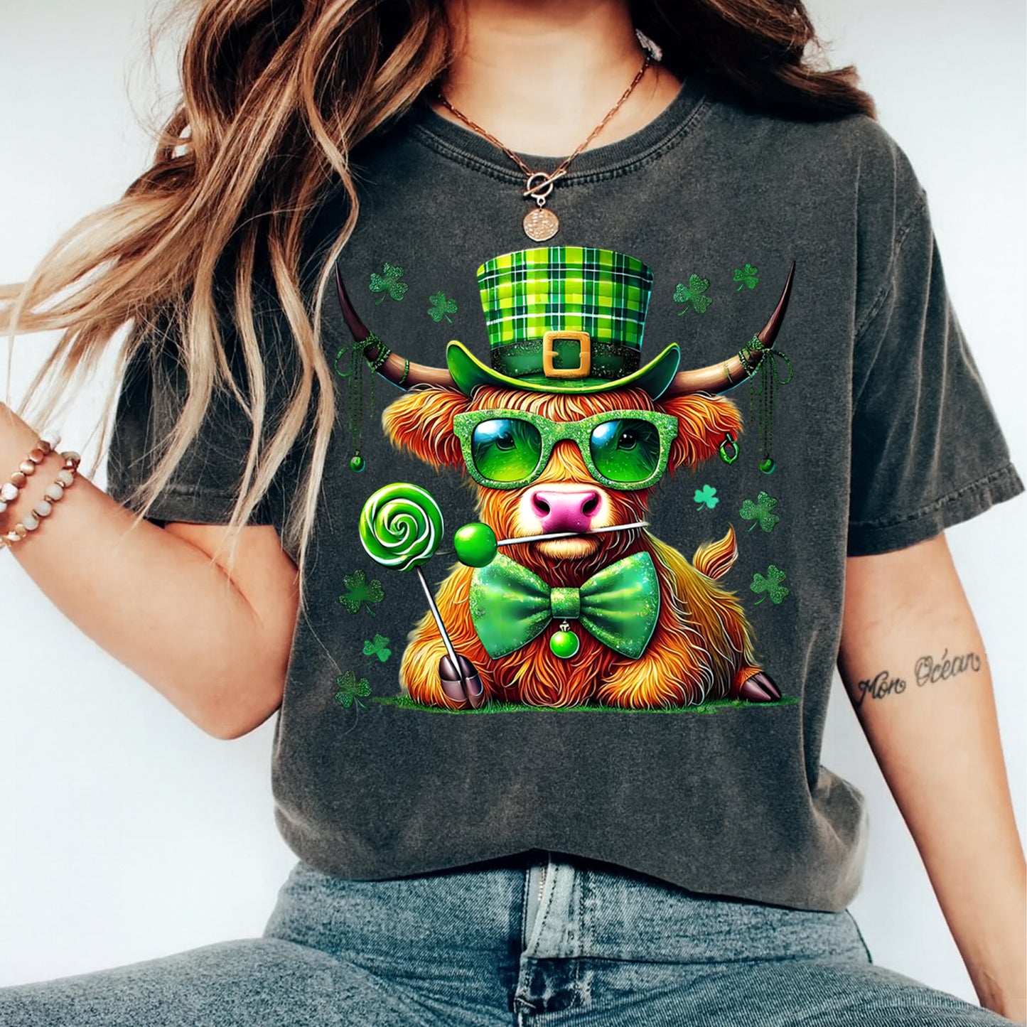 St Patrick Cow DTF Transfer – Shamrock Highland Cow Ready to Press Iron On Heat Transfer for DIY St Patrick Shirts 12559