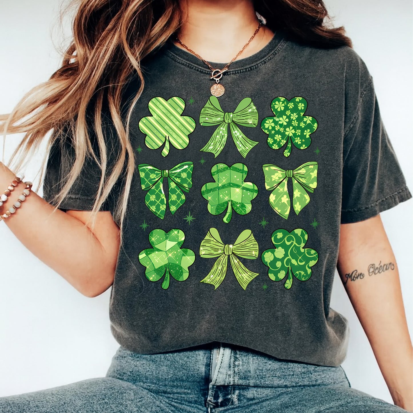 St Patrick Bow and Shamrock DTF Transfer – Ready to Press Iron On Heat Transfer for DIY St Patrick Shirts 12560