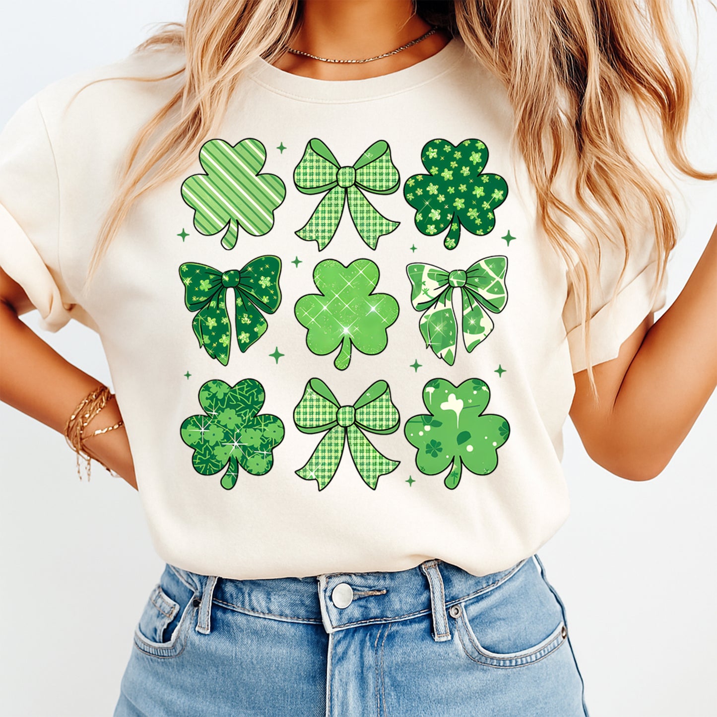 St Patrick Shamrock and Bow DTF Transfer – Patterned Icons Ready to Press Iron On Heat Transfer for DIY St Patrick Shirts 12561