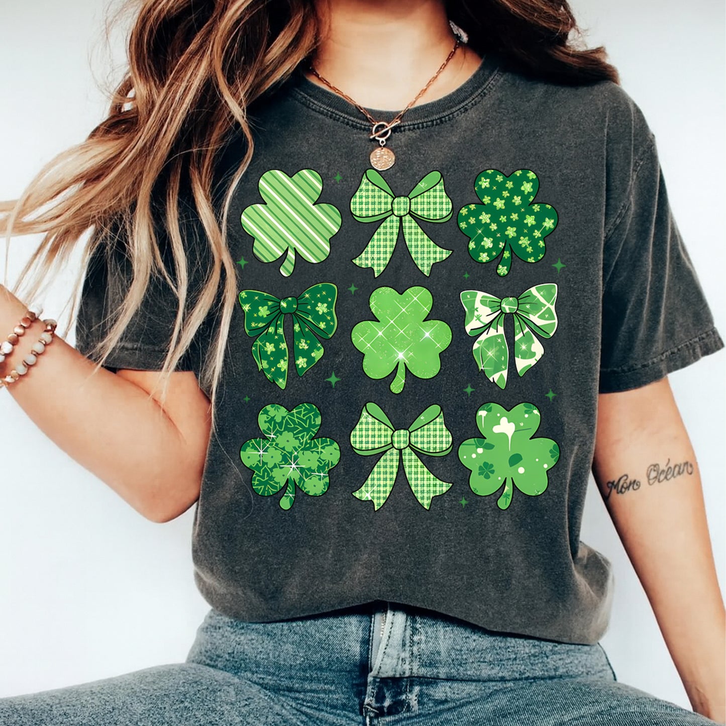 St Patrick Shamrock and Bow DTF Transfer – Patterned Icons Ready to Press Iron On Heat Transfer for DIY St Patrick Shirts 12561