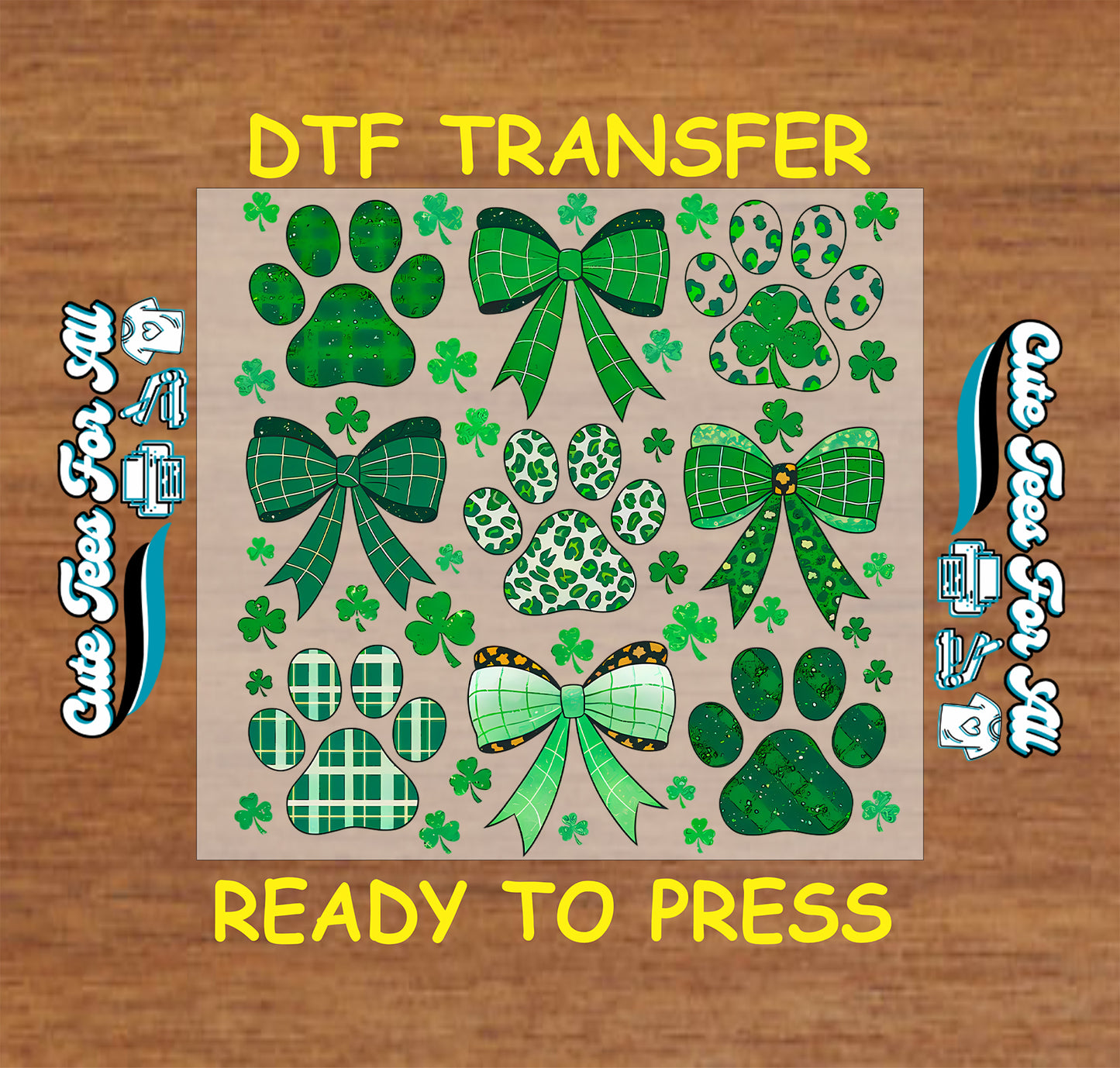 ready to press dtf transfer with paw prints, ribbon bows, and shamrock accents in a St Patricks Day themed pattern for DIY shirts