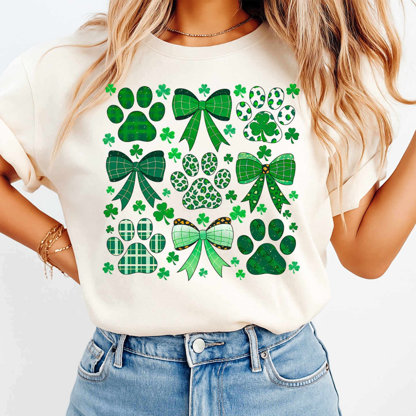 St Patricks Day DTF Transfer – Paw Prints and Bows Ready to Press Iron On Heat Transfer for DIY St Patricks Day Shirts 12563