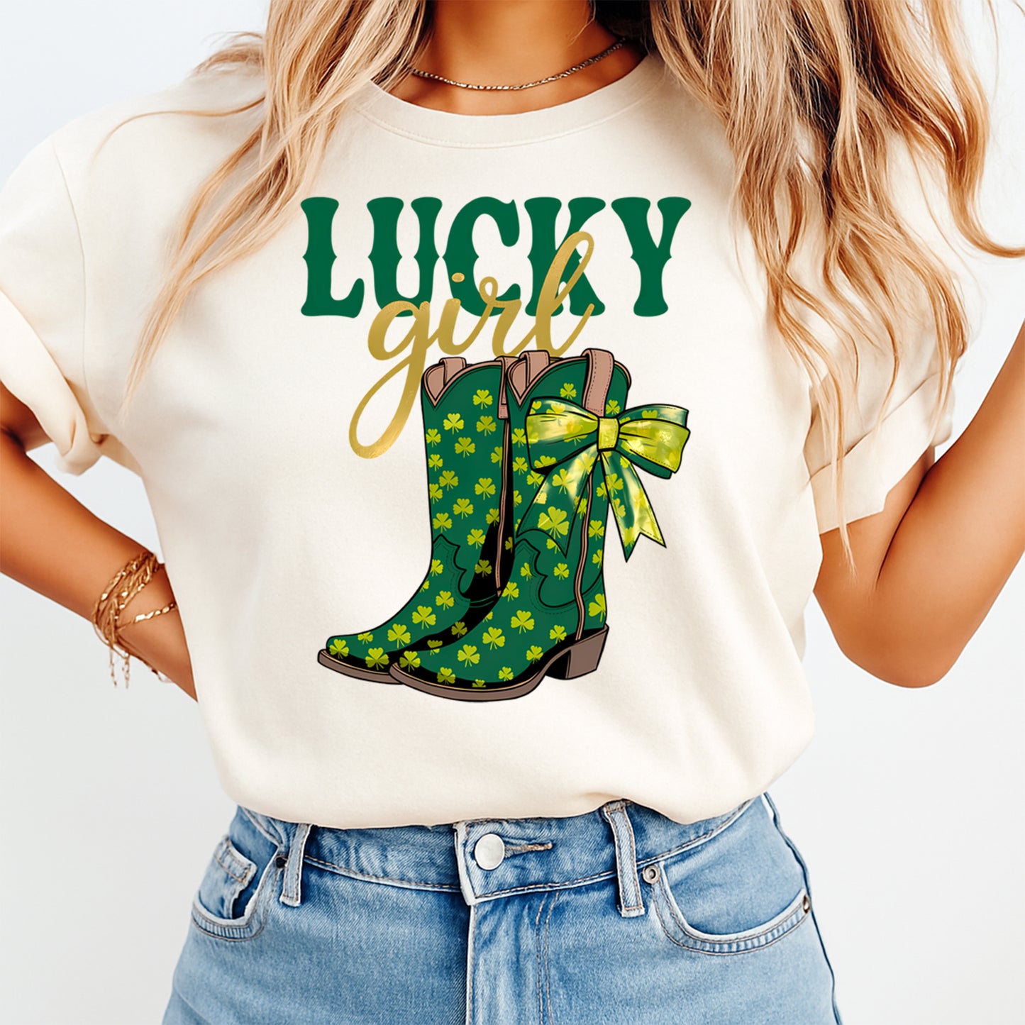 St Patricks Day Lucky Girl Boots DTF Transfer – Western Bow Boots Ready to Press Iron On Heat Transfer for DIY St Patricks Day Shirts 12564