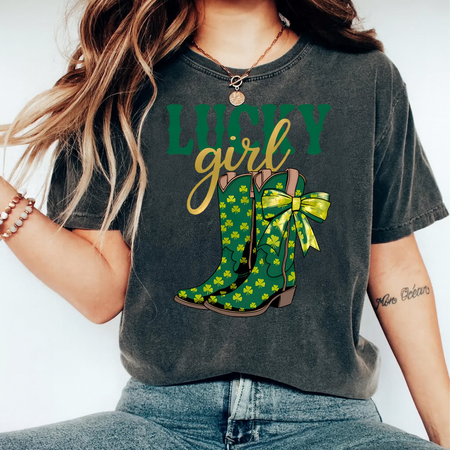 St Patricks Day Lucky Girl Boots DTF Transfer – Western Bow Boots Ready to Press Iron On Heat Transfer for DIY St Patricks Day Shirts 12564