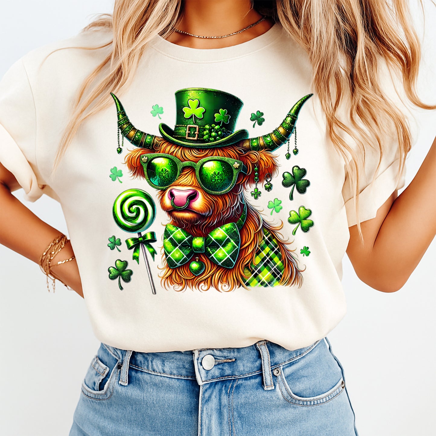 St Patricks Day DTF Transfer – Festive Highland Cow with Shamrocks Ready to Press Iron On Heat Transfer for DIY St Patricks Day Shirts 12566