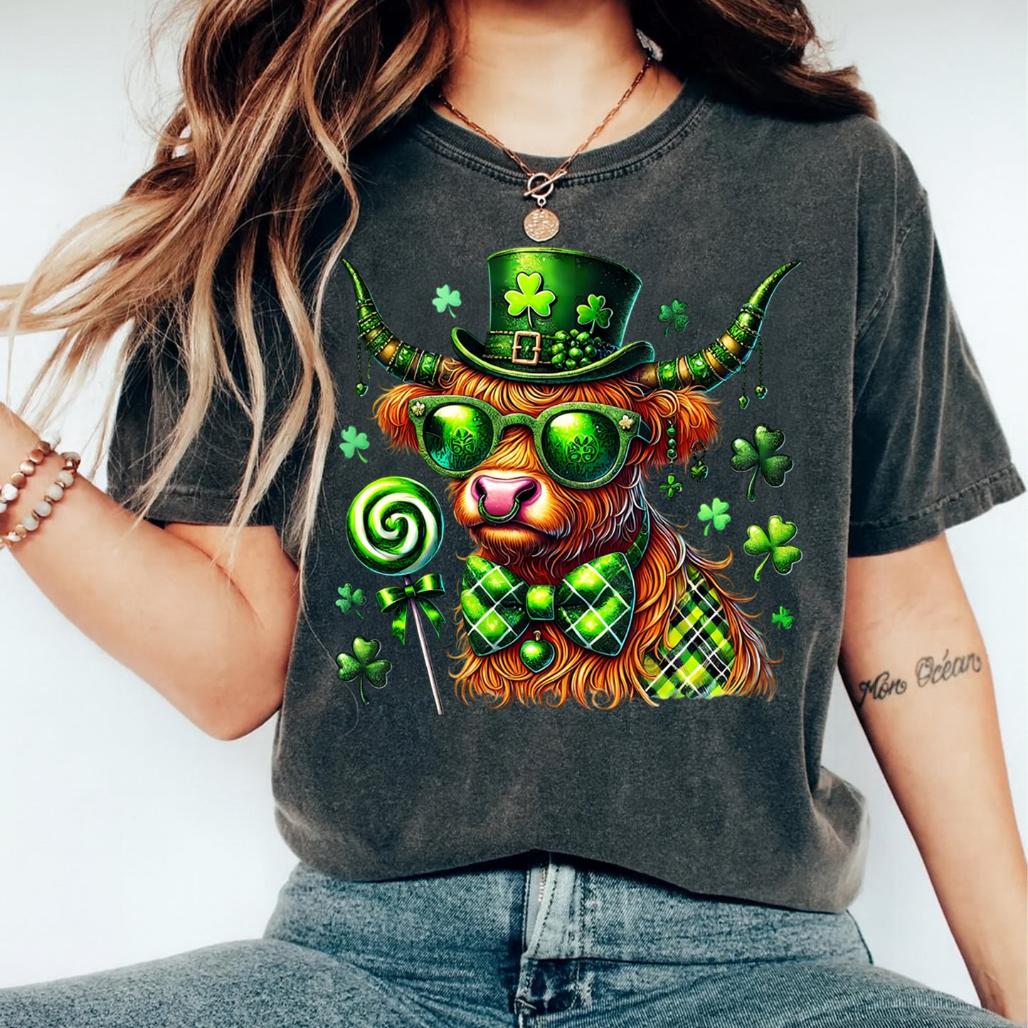 St Patricks Day DTF Transfer – Festive Highland Cow with Shamrocks Ready to Press Iron On Heat Transfer for DIY St Patricks Day Shirts 12566