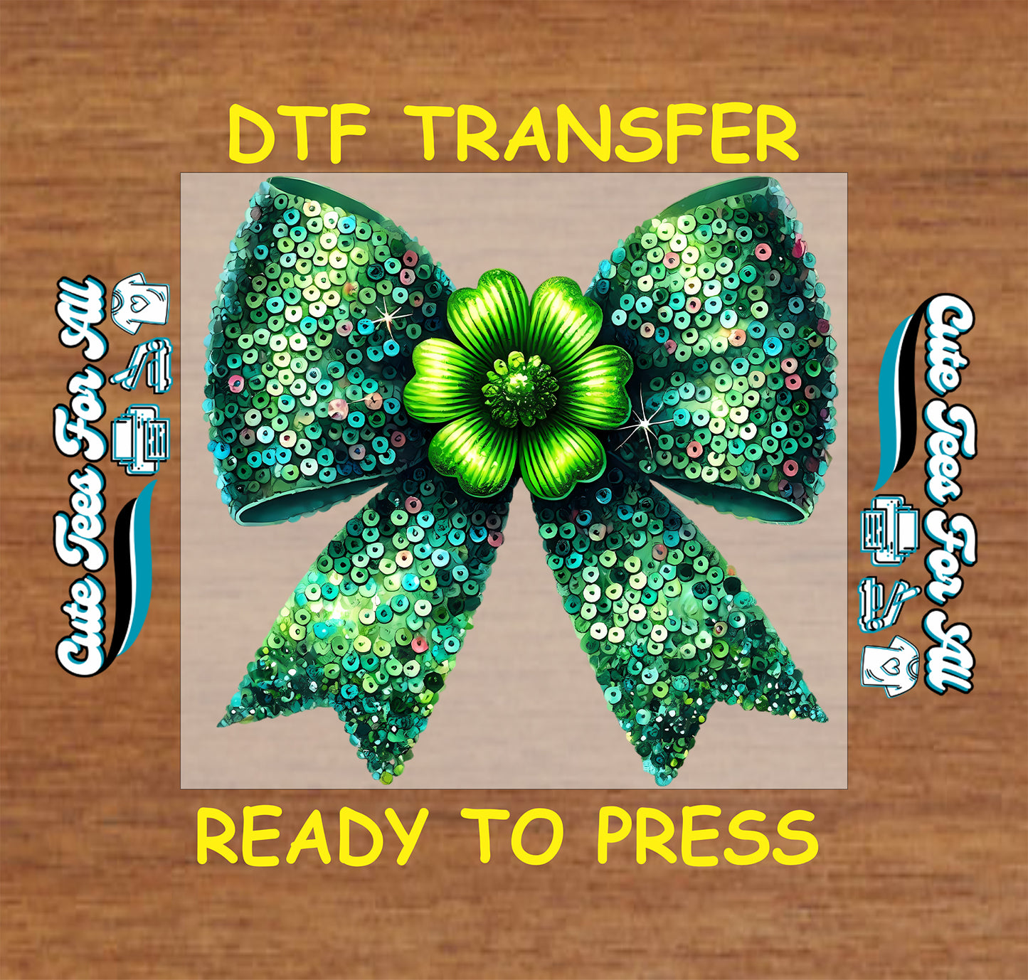 ready to press dtf transfer featuring a sequin style ribbon bow with shamrock center for St Patricks Day DIY shirts