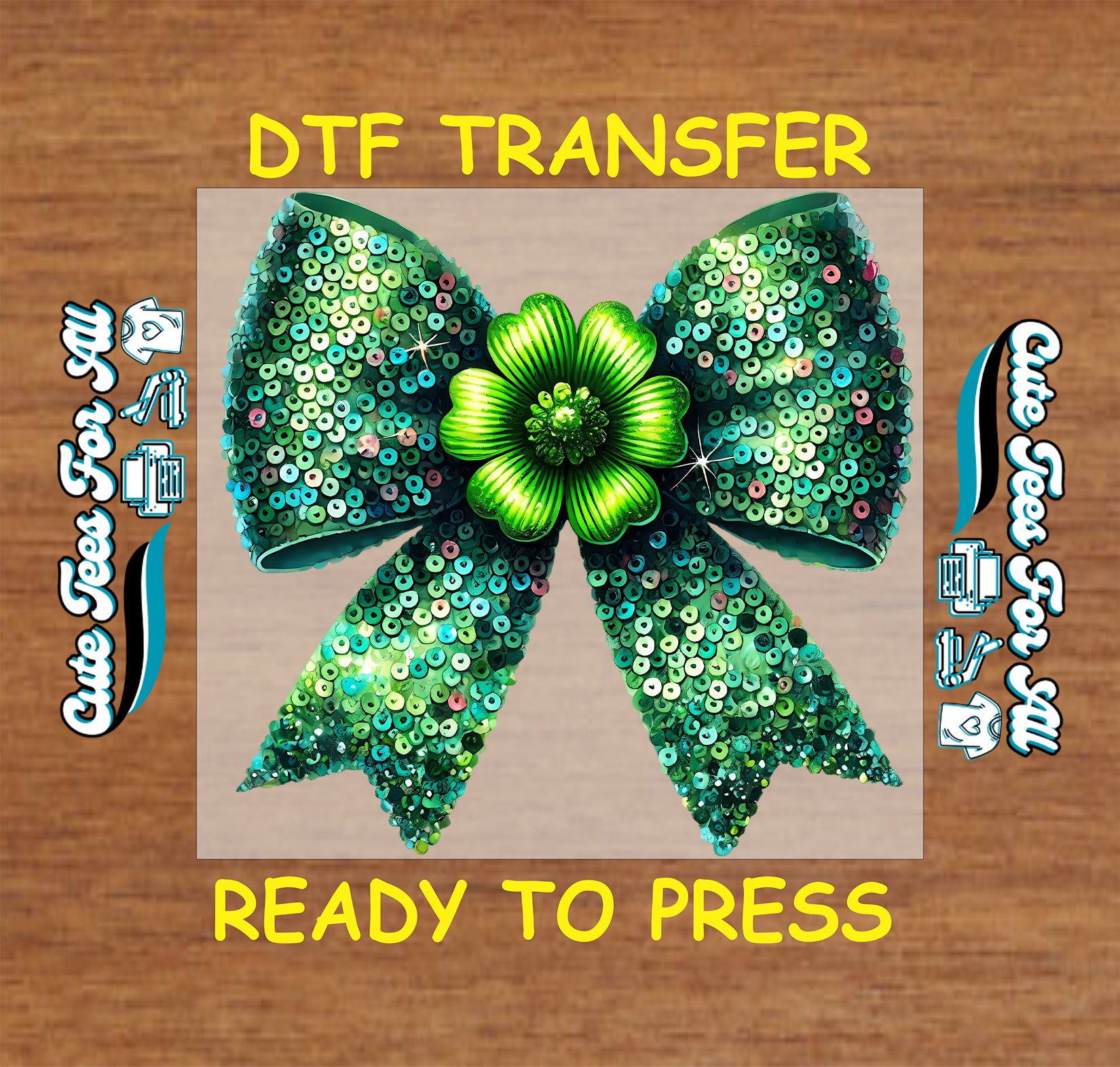 ready to press dtf transfer featuring a sequin style ribbon bow with shamrock center for St Patricks Day DIY shirts