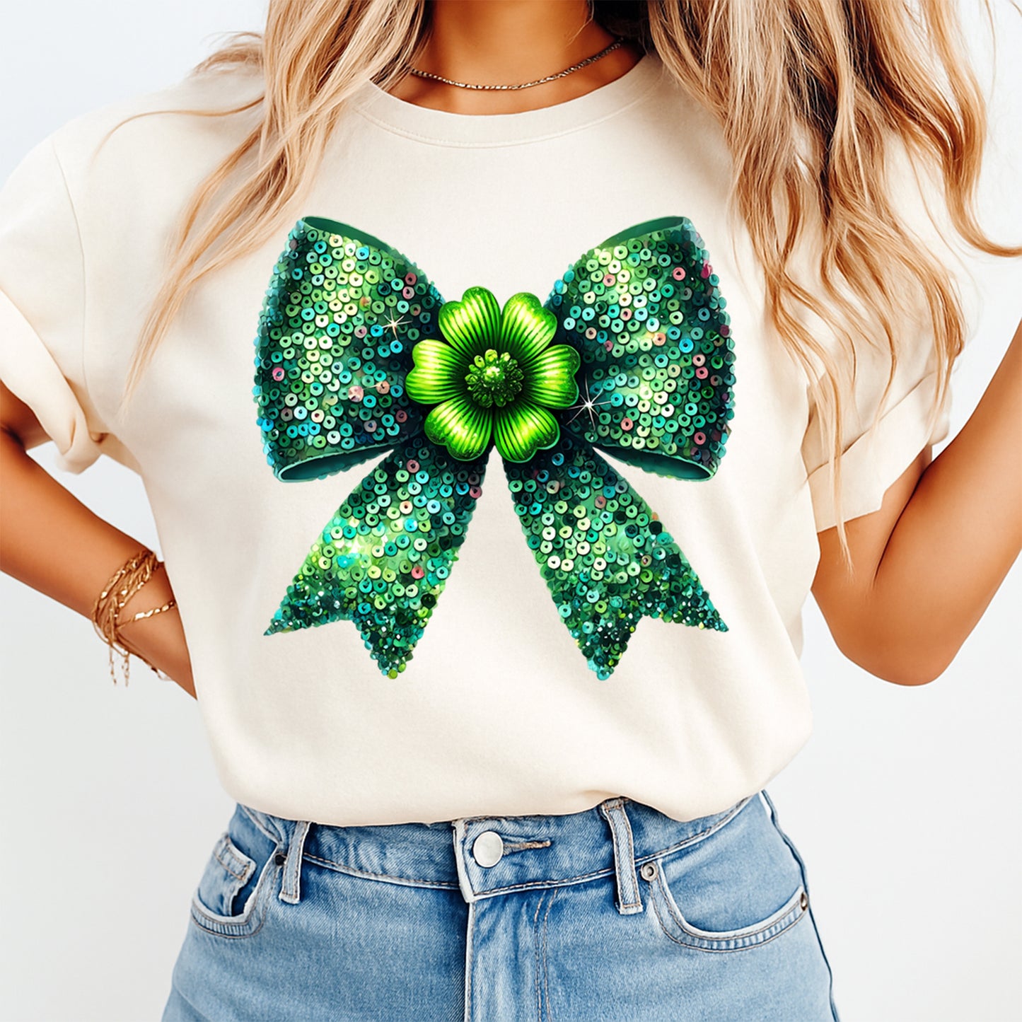St Patricks Day DTF Transfer – Sequin Bow Shamrock Center Ready to Press Iron On Heat Transfer for DIY St Patricks Day Shirts 12567