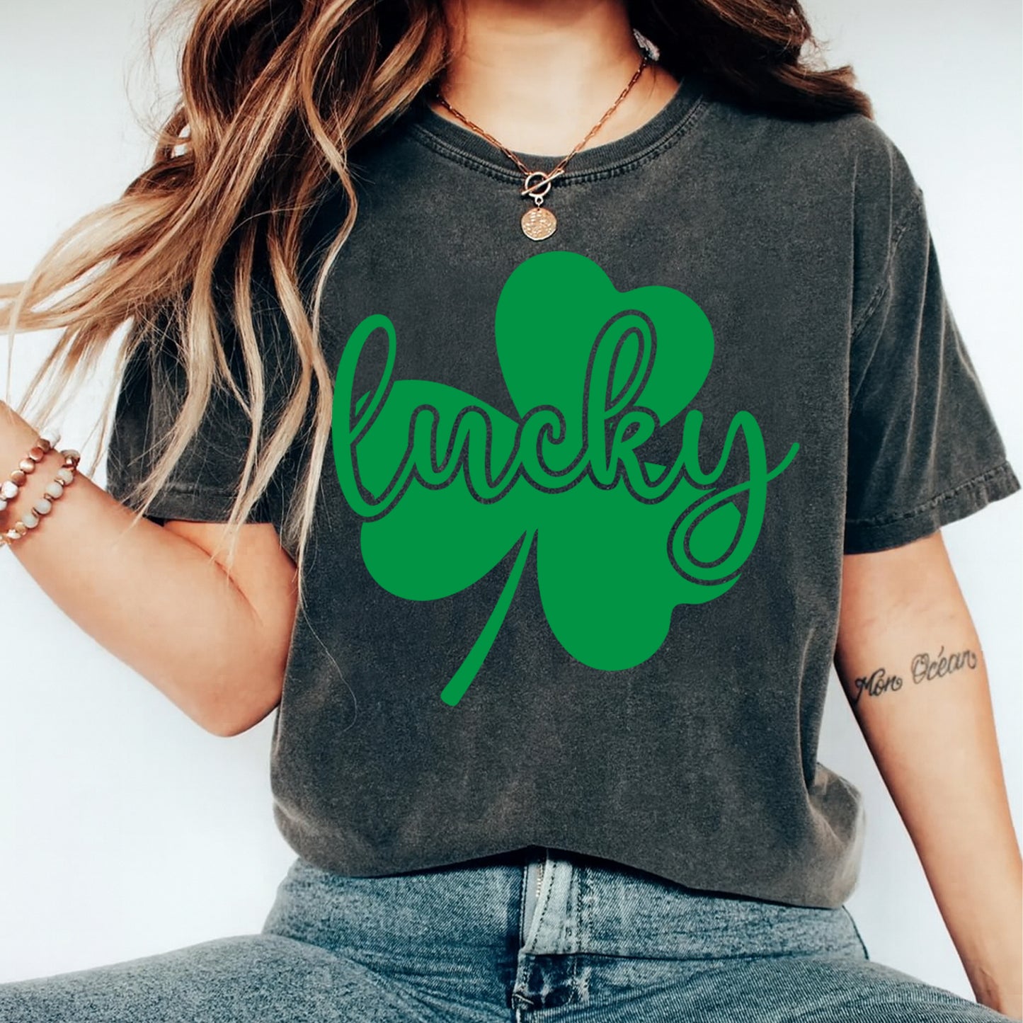 St Patricks Day DTF Transfer – Lucky Shamrock Script Ready to Press Iron On Heat Transfer for DIY St Patricks Day Shirts 12568