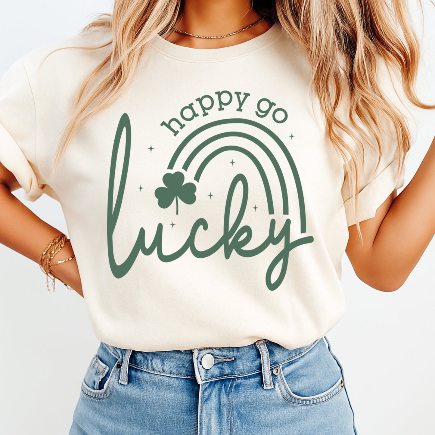 St Patricks Day DTF Transfer – Happy Go Lucky Rainbow Shamrock Ready to Press Iron On Heat Transfer for DIY St Patricks Day Shirts 12571