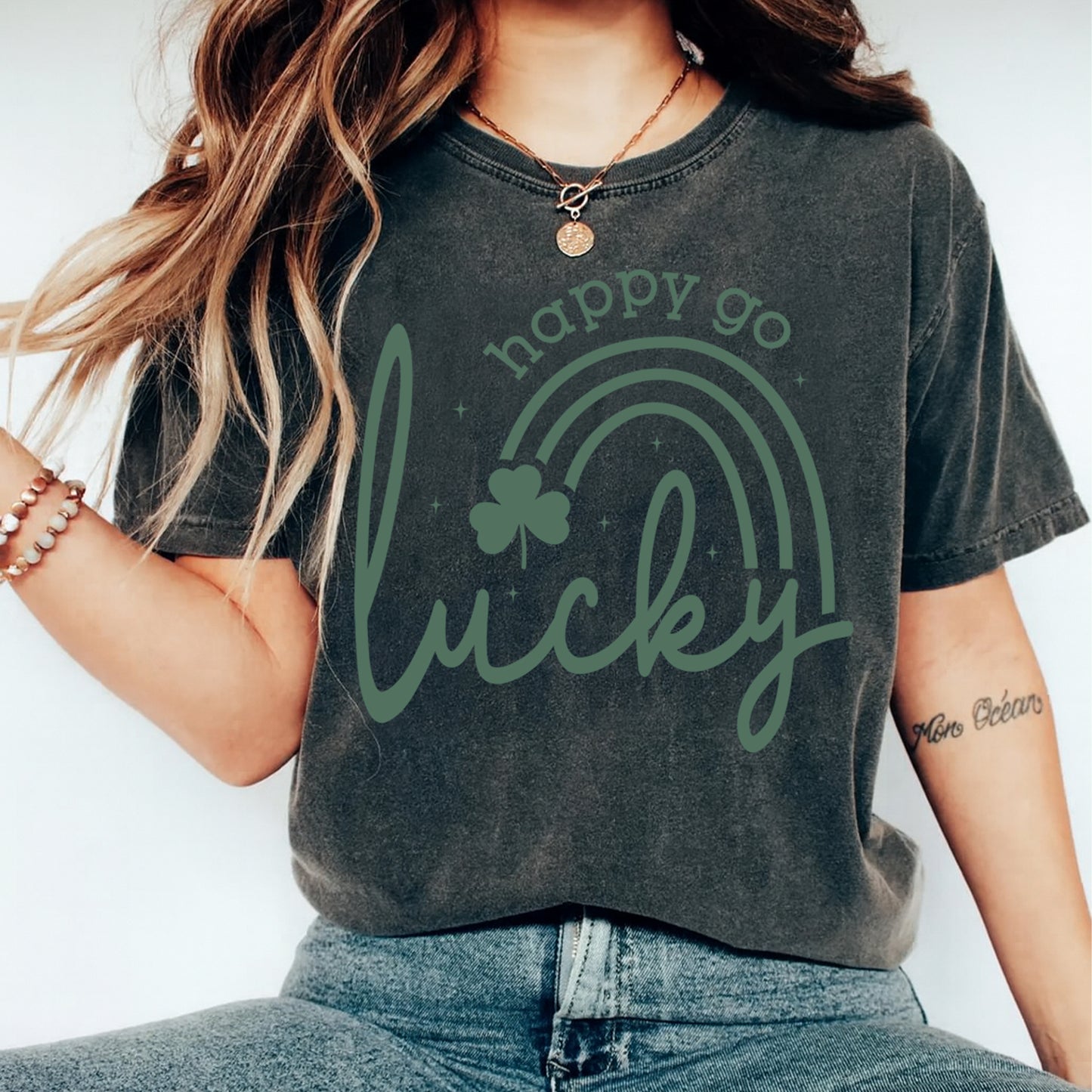 St Patricks Day DTF Transfer – Happy Go Lucky Rainbow Shamrock Ready to Press Iron On Heat Transfer for DIY St Patricks Day Shirts 12571
