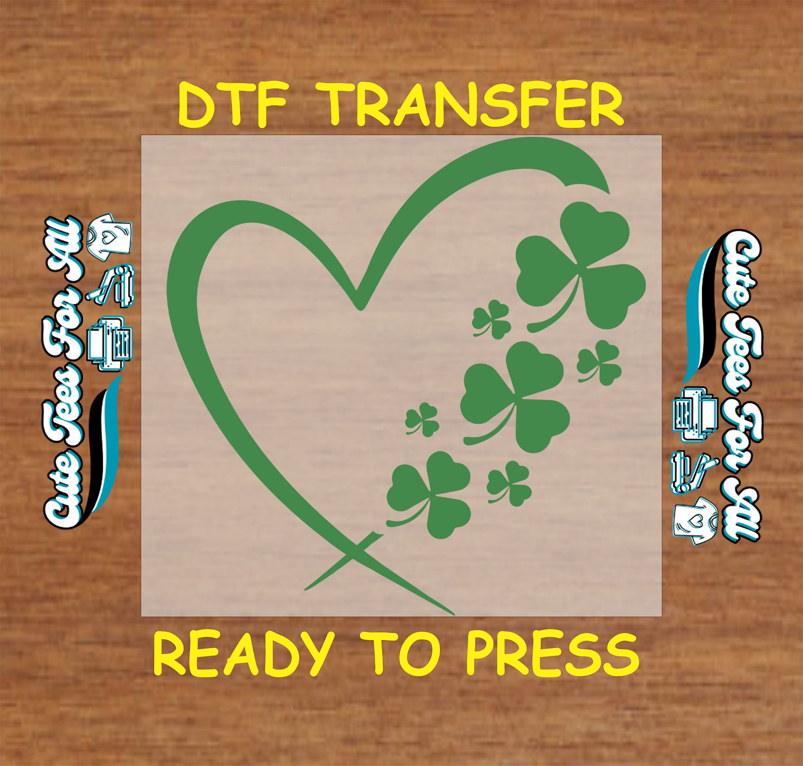 ready to press dtf transfer with shamrock heart line art and clover accents for St Patricks Day DIY shirts