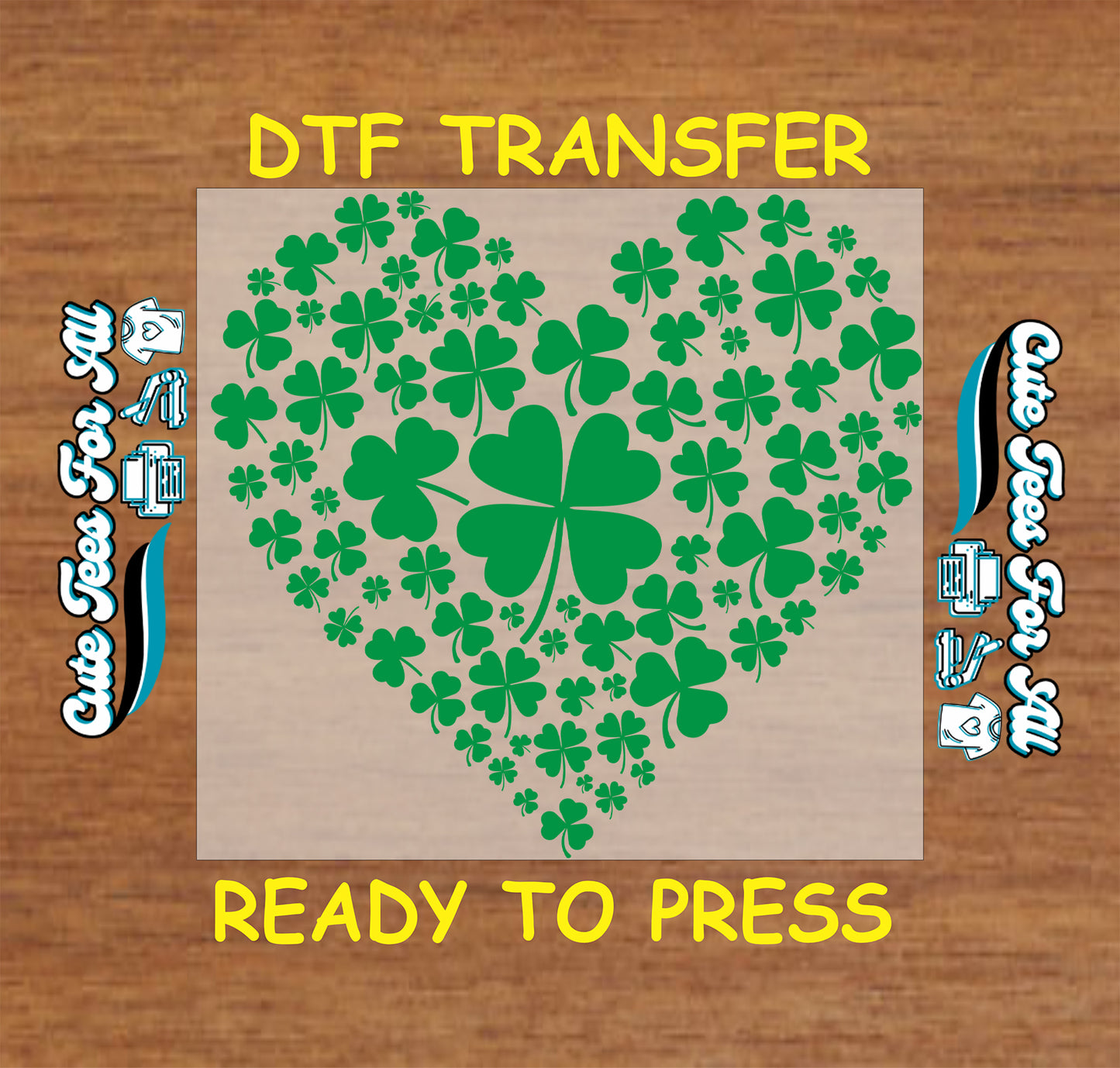 ready to press dtf transfer with heart shaped shamrock pattern and central clover for St Patricks Day DIY shirts