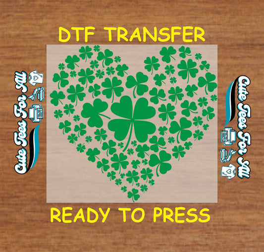 ready to press dtf transfer with heart shaped shamrock pattern and central clover for St Patricks Day DIY shirts