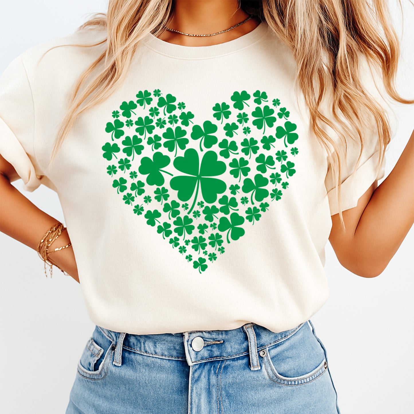 St Patricks Day DTF Transfer – Shamrock Heart Pattern Ready to Press Iron On Heat Transfer for DIY St Patricks Day Shirts 12573