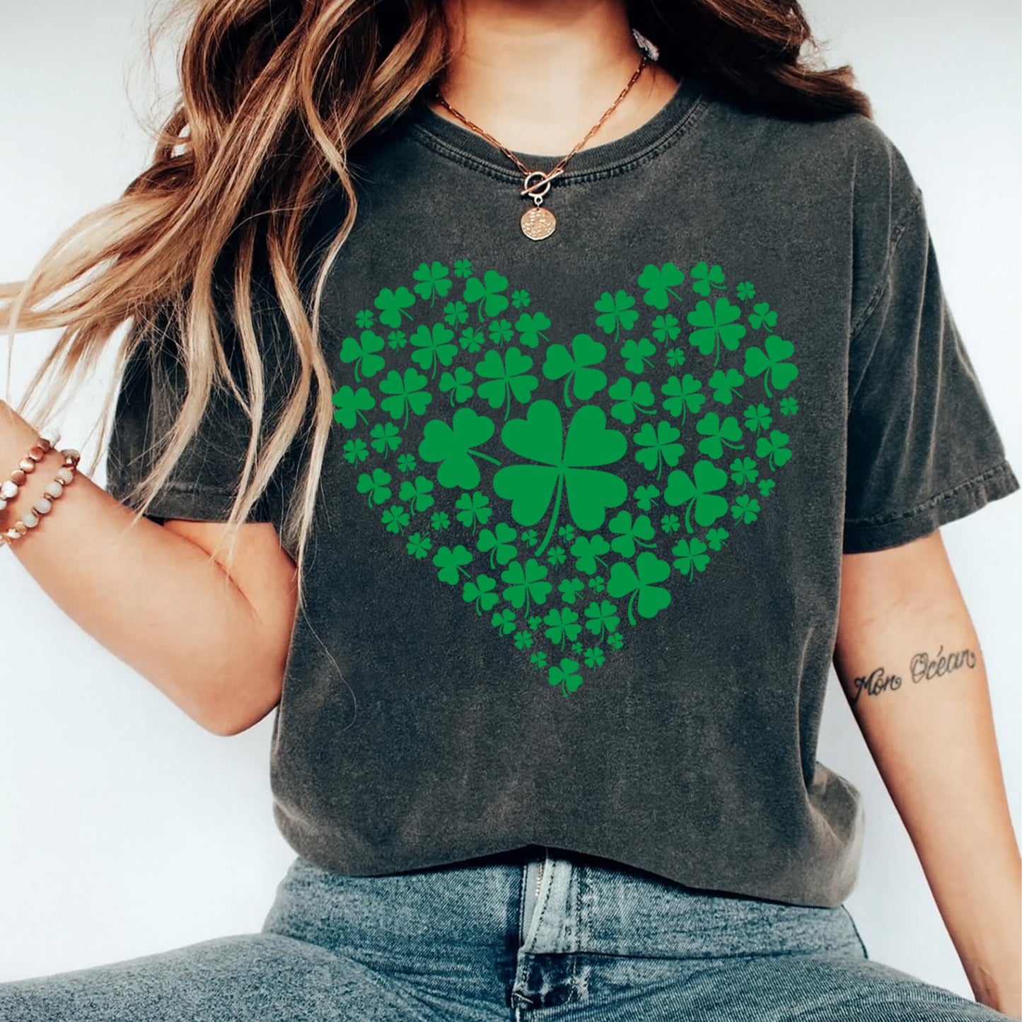 St Patricks Day DTF Transfer – Shamrock Heart Pattern Ready to Press Iron On Heat Transfer for DIY St Patricks Day Shirts 12573