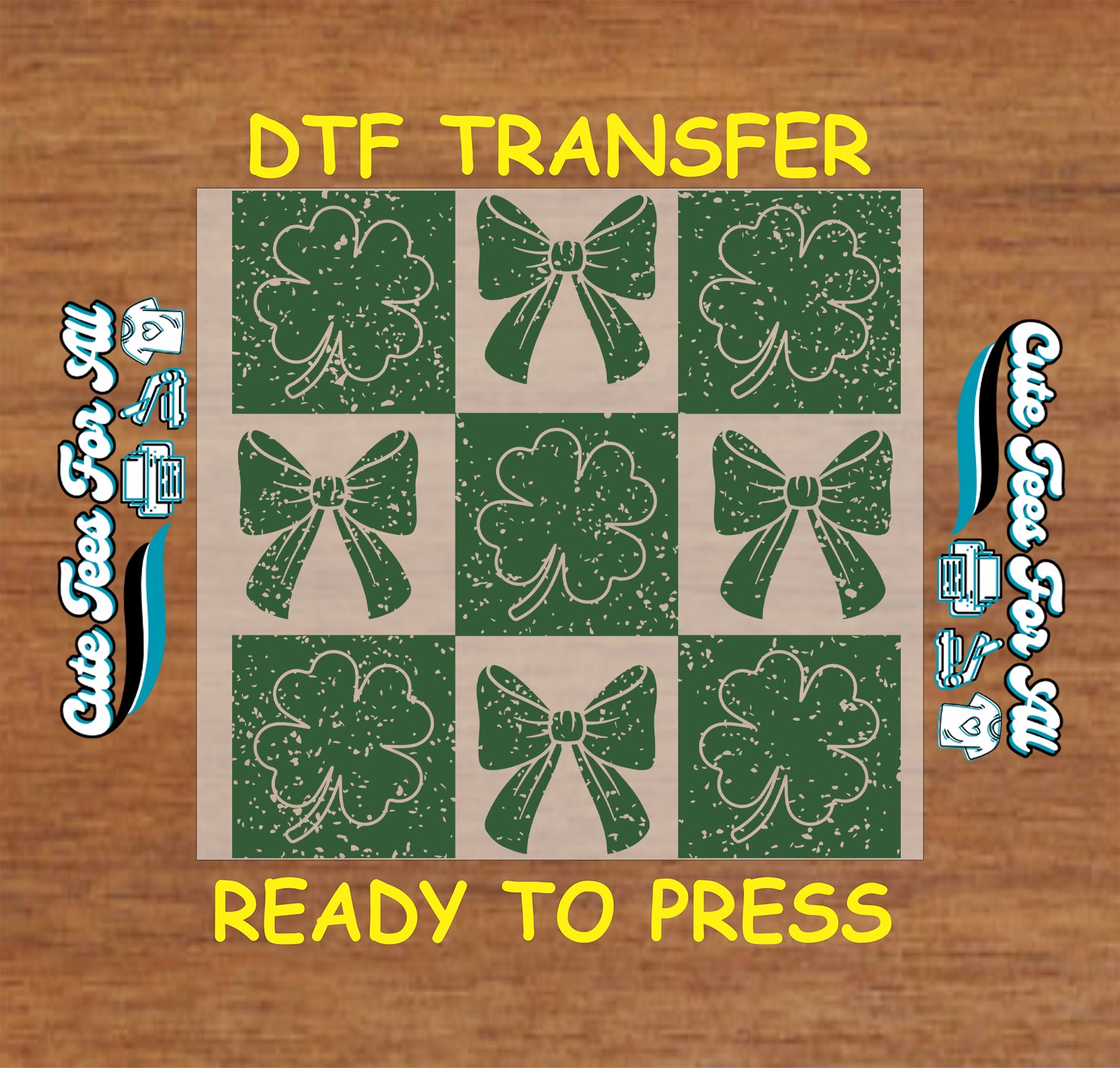 ready to press dtf transfer with shamrock and bow quilt pattern in a St Patricks Day theme for DIY shirts