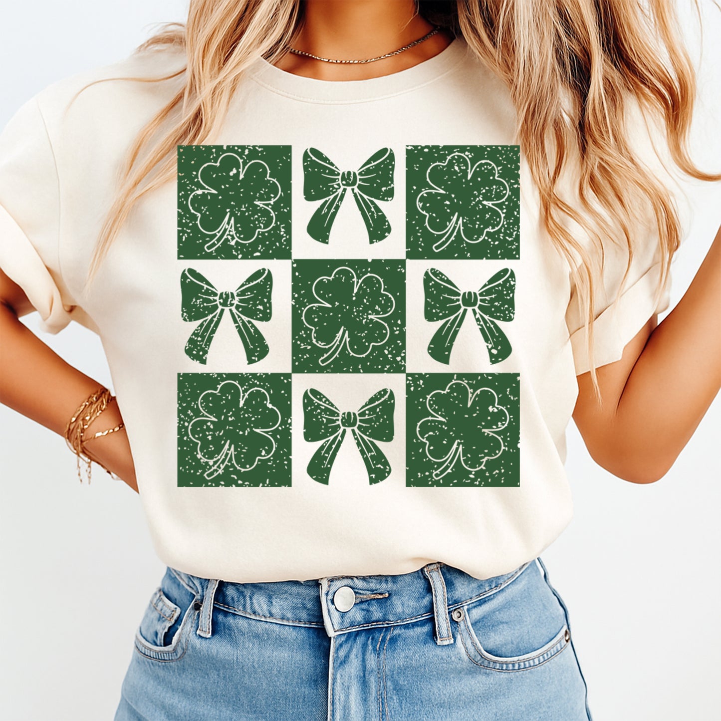 St Patricks Day DTF Transfer – Shamrock and Bow Quilt Pattern Ready to Press Iron On Heat Transfer for DIY St Patricks Day Shirts 12577