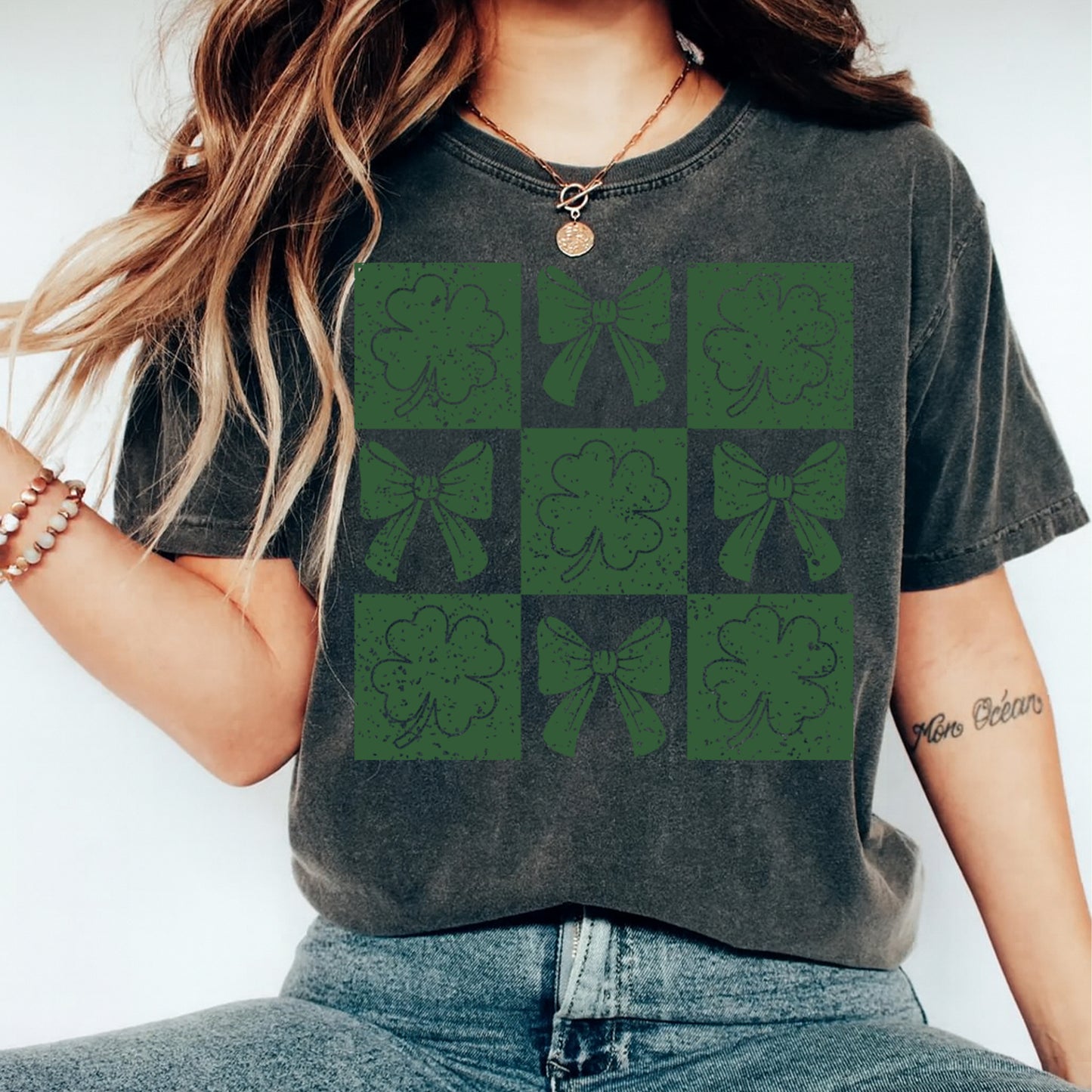 St Patricks Day DTF Transfer – Shamrock and Bow Quilt Pattern Ready to Press Iron On Heat Transfer for DIY St Patricks Day Shirts 12577