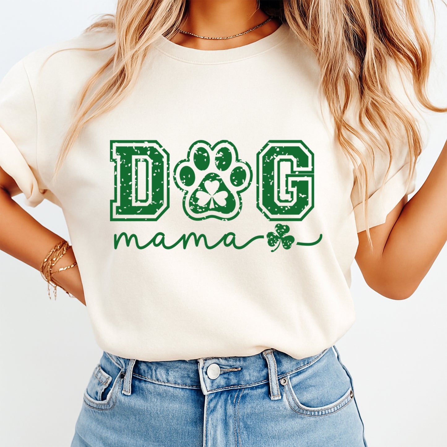 St Patricks Day DTF Transfer – Dog Mama Paw Shamrock Script Ready to Press Iron On Heat Transfer for DIY St Patricks Day Shirts 12580