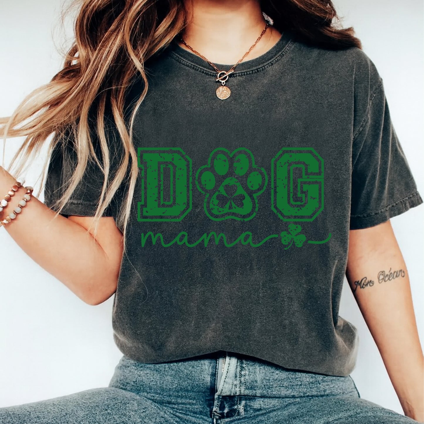 St Patricks Day DTF Transfer – Dog Mama Paw Shamrock Script Ready to Press Iron On Heat Transfer for DIY St Patricks Day Shirts 12580
