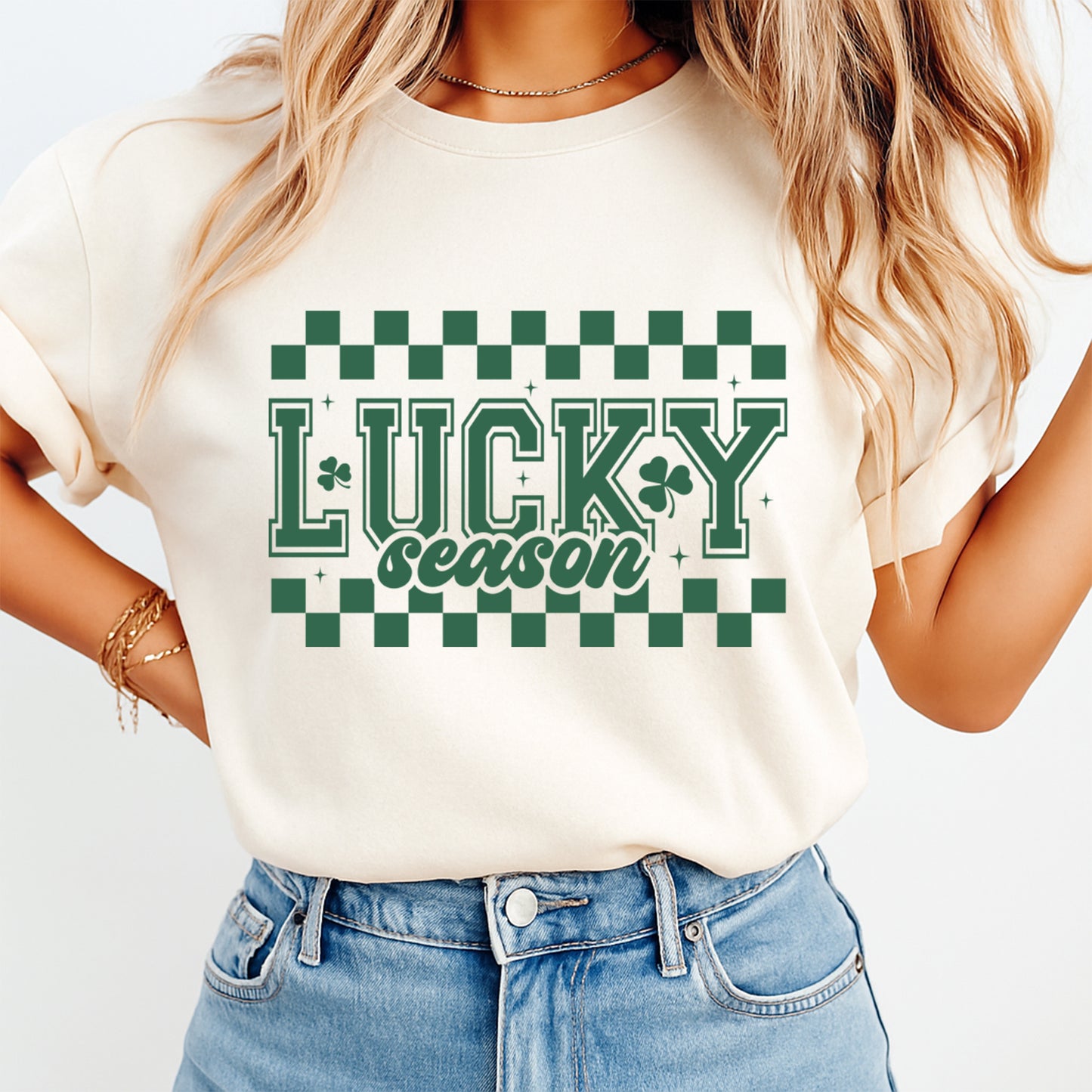 St Patricks Day DTF Transfer – Lucky Season Checkerboard Shamrock Ready to Press Iron On Heat Transfer DIY St Patricks Day Shirts 12582