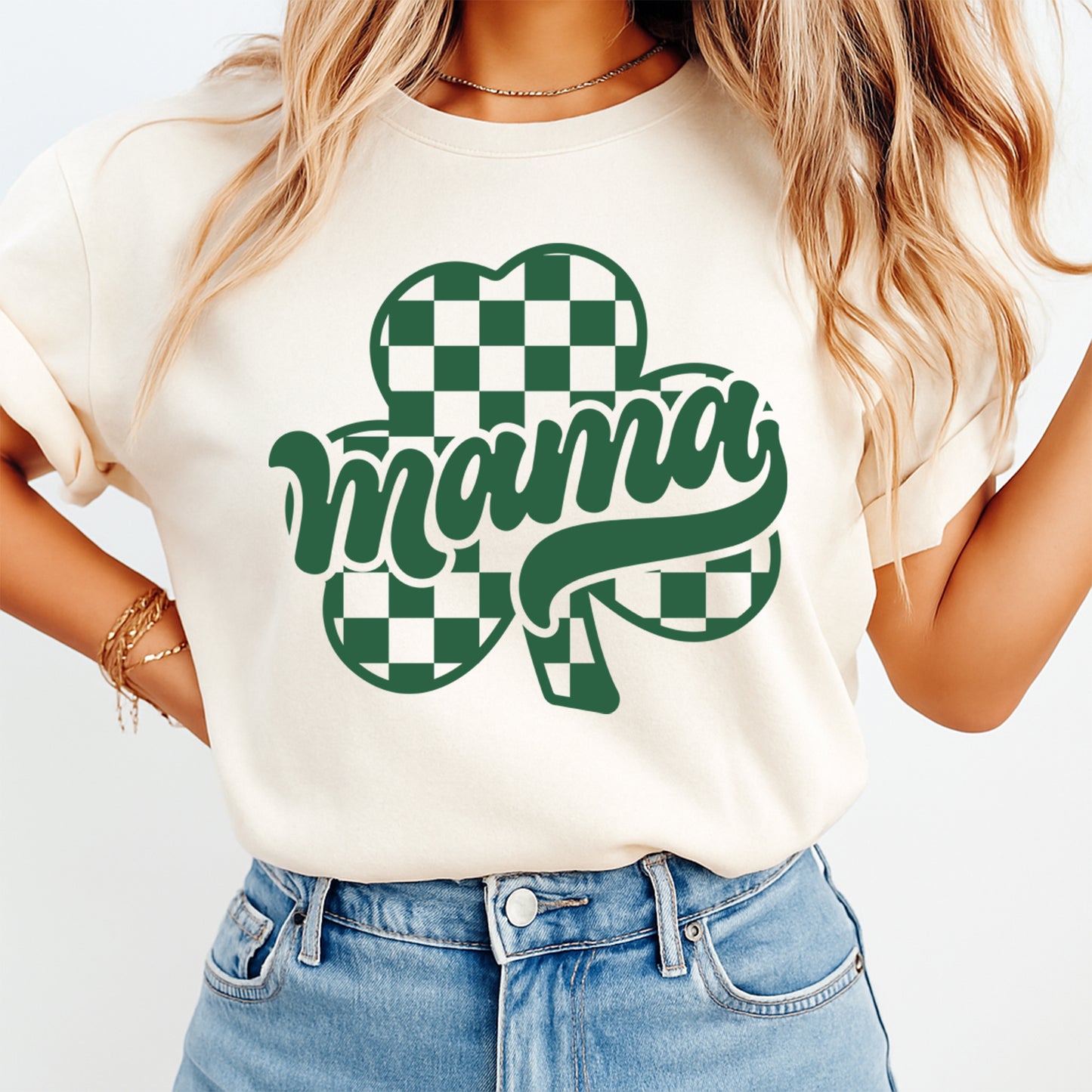 St Patricks Day DTF Transfer – Mama Shamrock Checkerboard Ready to Press Iron On Heat Transfer DIY St Patricks Day Shirts 12584