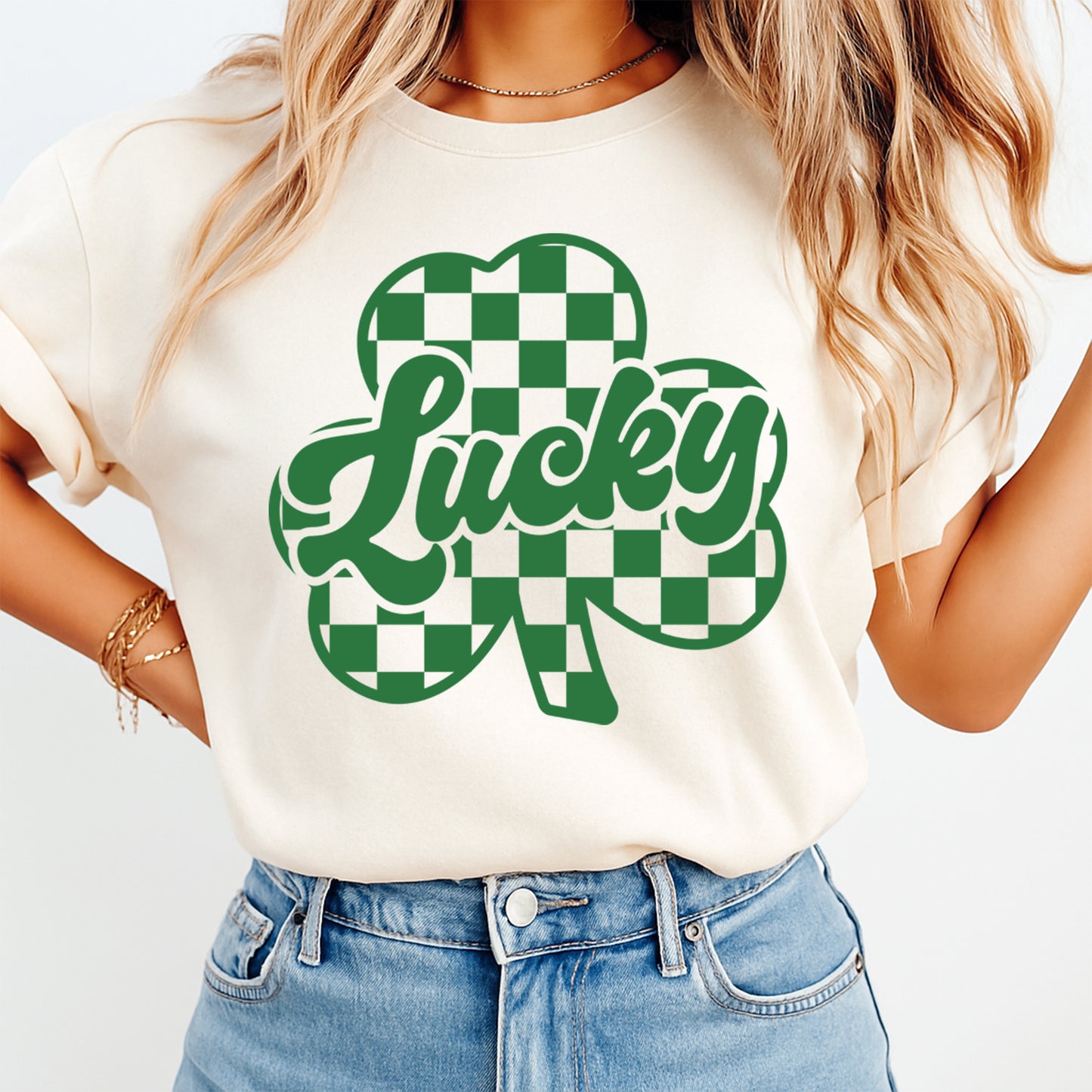 St Patricks Day DTF Transfer – Lucky Shamrock Checkerboard Ready to Press Iron On Heat Transfer DIY St Patricks Day Shirts 12585