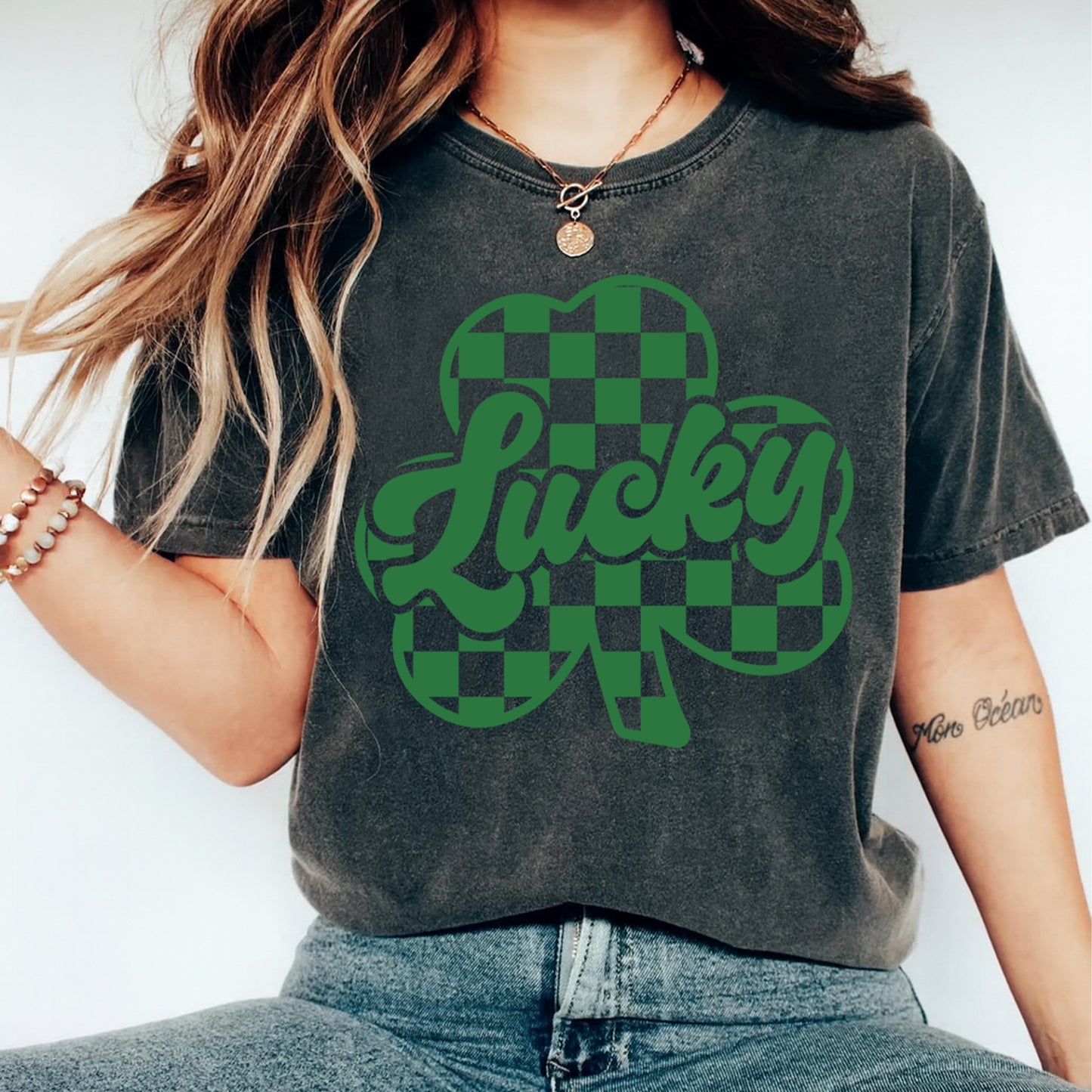 St Patricks Day DTF Transfer – Lucky Shamrock Checkerboard Ready to Press Iron On Heat Transfer DIY St Patricks Day Shirts 12585