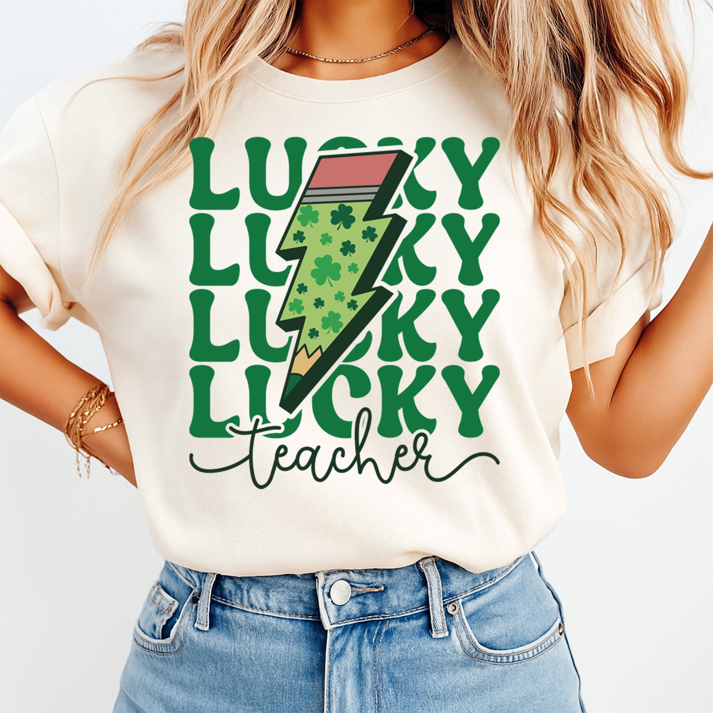 St Patricks Day DTF Transfer – Lucky Teacher Pencil Shamrock Ready to Press Iron on Heat Transfer DIY St Patricks Day Shirts 12587