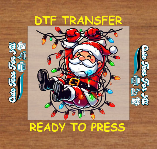 ready to press dtf transfer with funny santa tangled in christmas string lights cartoon style for diy christmas shirts