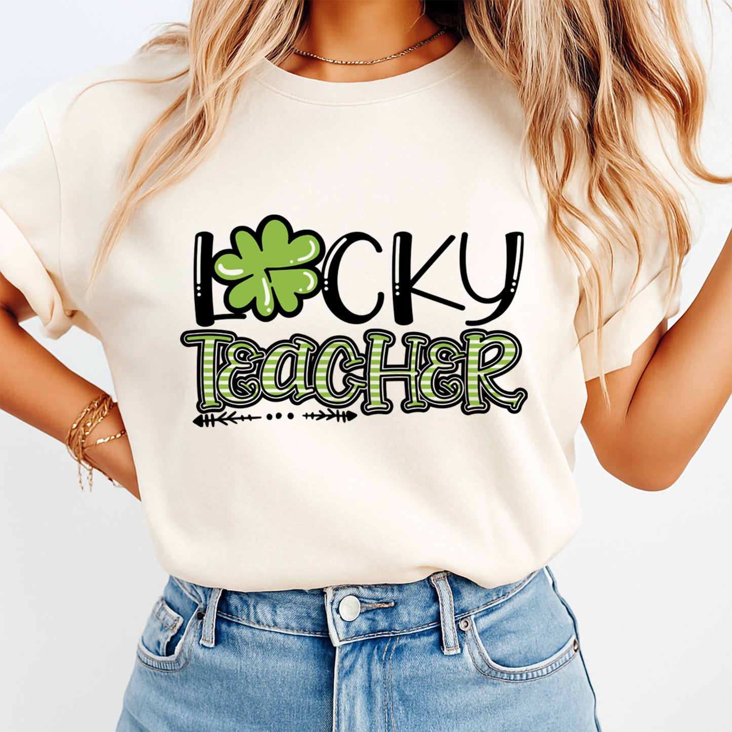 St Patrick’s Day DTF Transfer – Lucky Teacher Shamrock Typography Ready to Press Iron On Heat Transfer DIY Shirts 12592