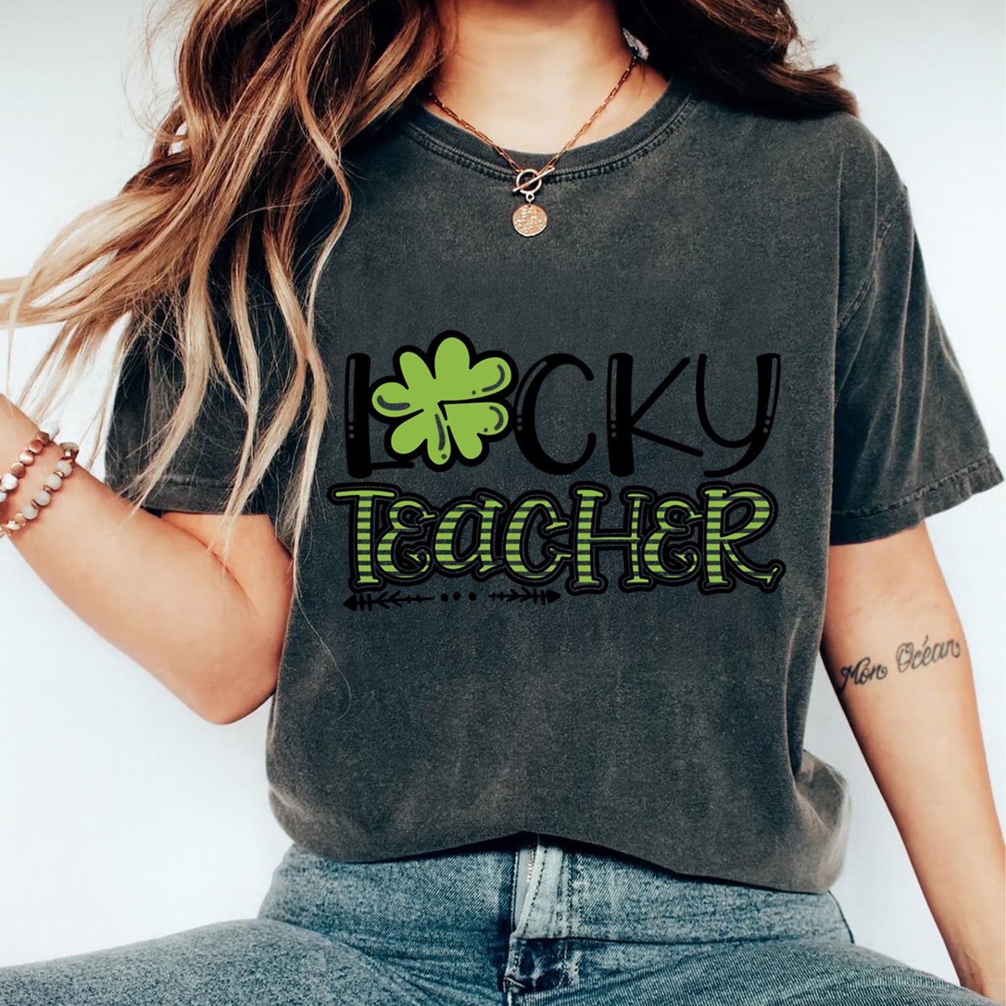 St Patrick’s Day DTF Transfer – Lucky Teacher Shamrock Typography Ready to Press Iron On Heat Transfer DIY Shirts 12592