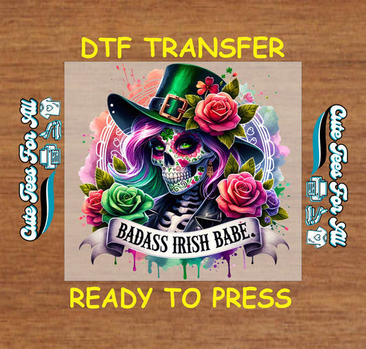 ready to press dtf transfer with badass irish babe text sugar skull floral art st patricks day graphic for diy shirts