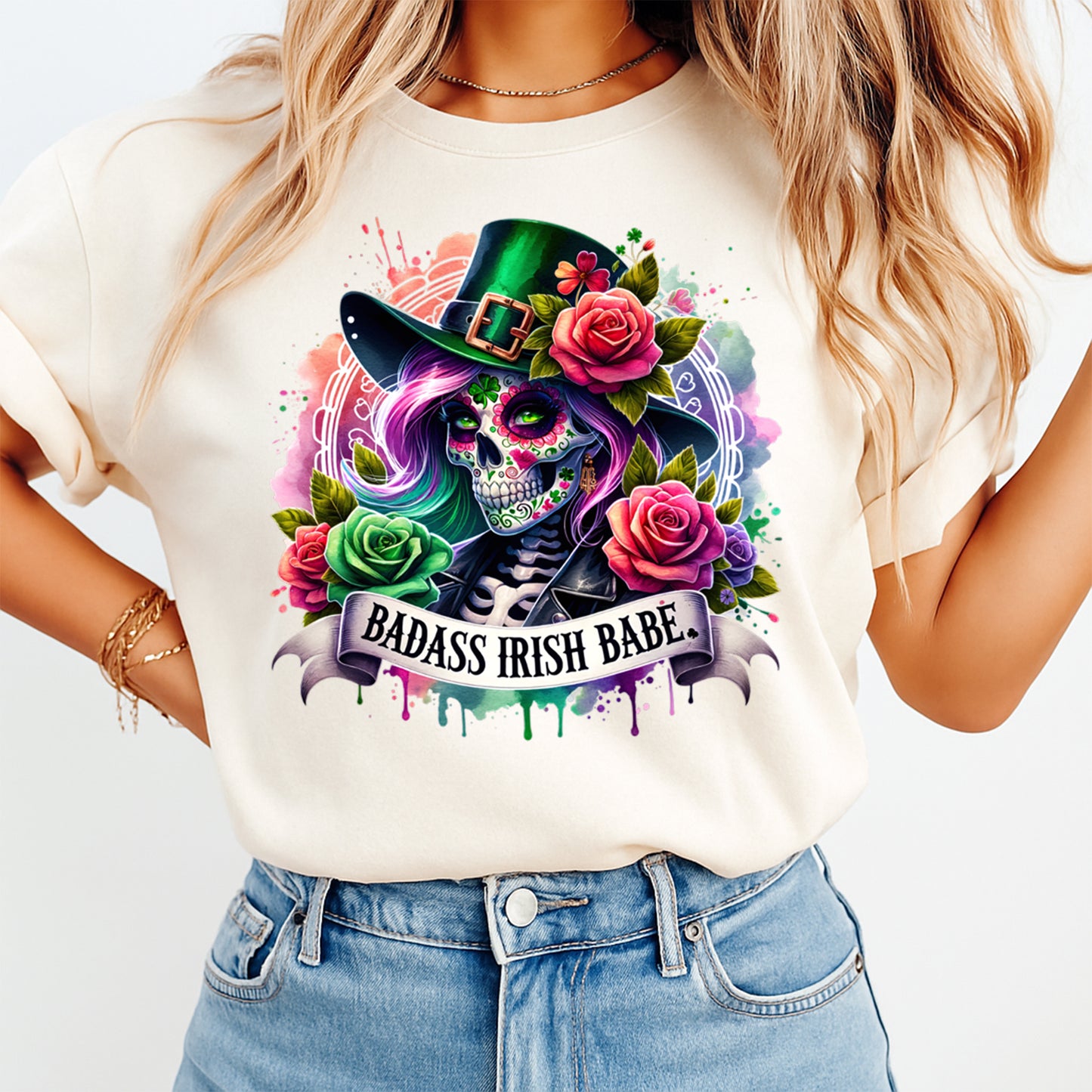 St Patrick’s Day DTF Transfer – Badass Irish Babe Sugar Skull Floral Ready to Press Iron On Heat Transfer DIY Shirts 12593