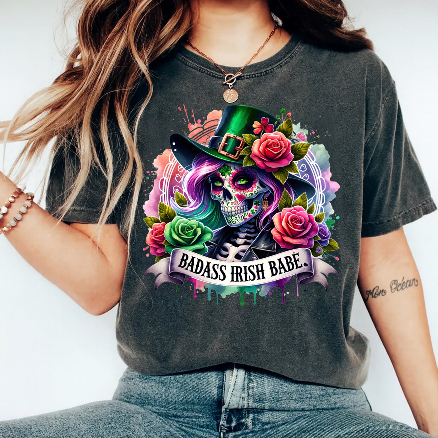 St Patrick’s Day DTF Transfer – Badass Irish Babe Sugar Skull Floral Ready to Press Iron On Heat Transfer DIY Shirts 12593