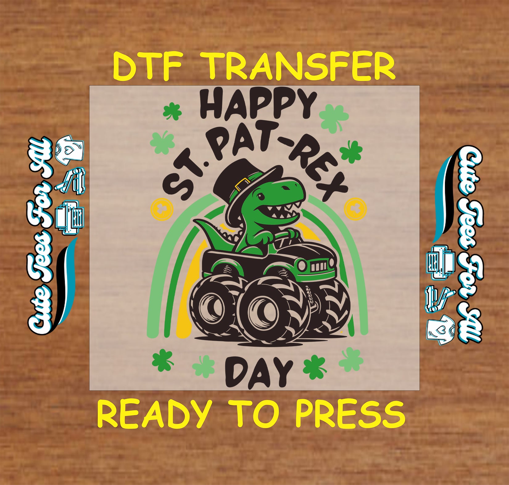 ready to press dtf transfer with happy st pat rex day text dinosaur monster truck shamrocks rainbow graphic for diy shirts
