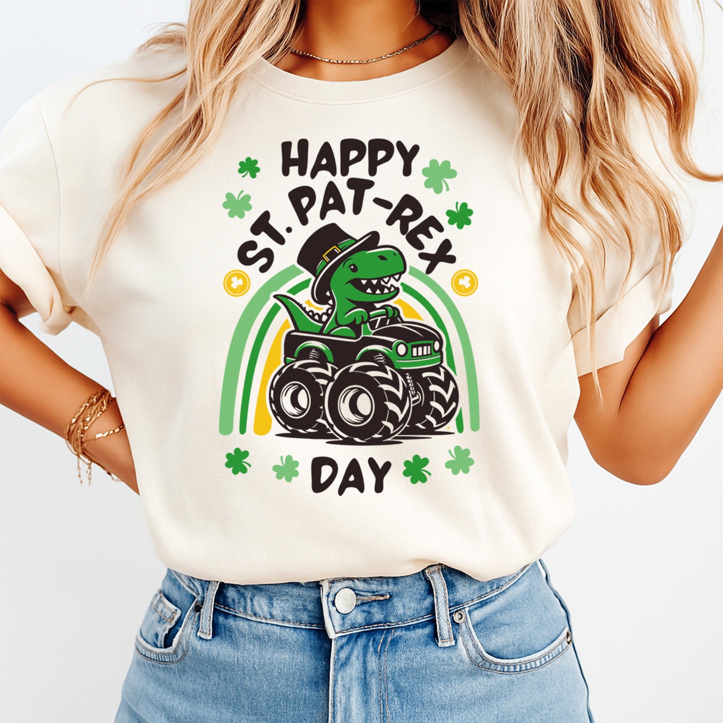 St Patrick’s Day DTF Transfer – Pat-Rex Dino Truck Ready to Press Iron On Heat Transfer DIY St Patrick’s Day Shirts 12594