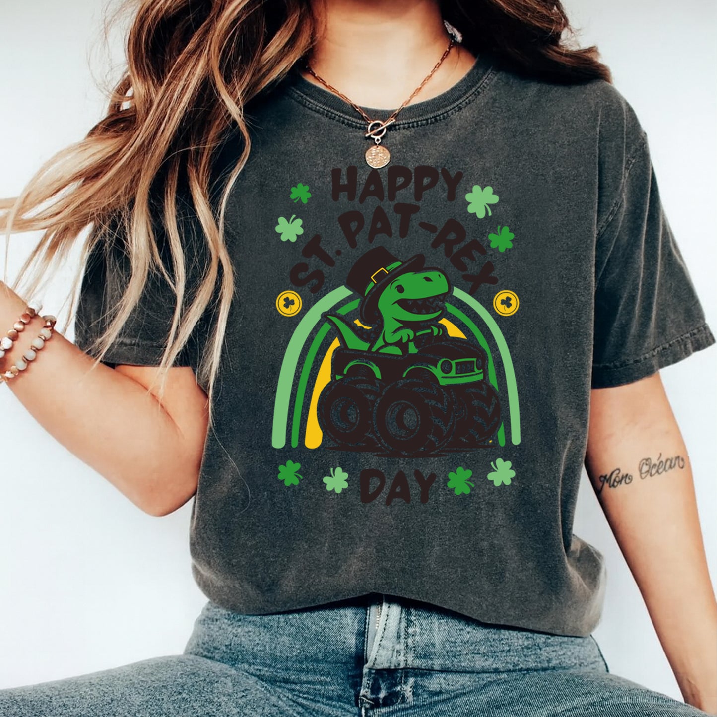 St Patrick’s Day DTF Transfer – Pat-Rex Dino Truck Ready to Press Iron On Heat Transfer DIY St Patrick’s Day Shirts 12594