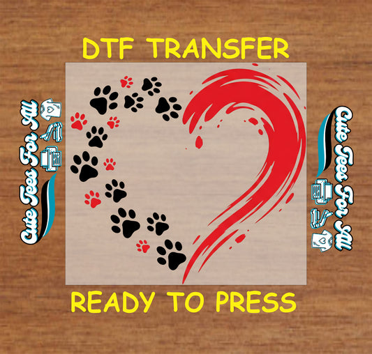 Valentine ready to press dtf transfer with heart made from pet paw prints and flowing heart graphic for DIY shirts