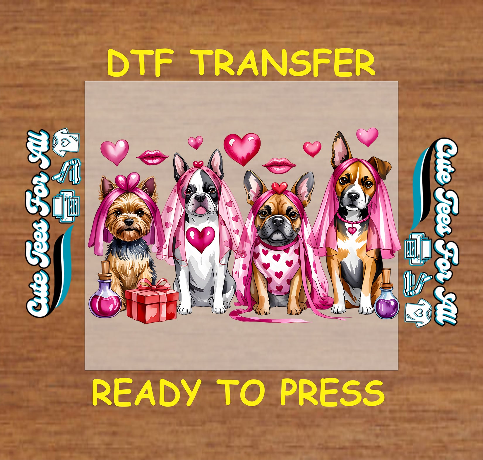 Dog love ready to press dtf transfer with heart accents and Valentine theme for diy Valentine shirts