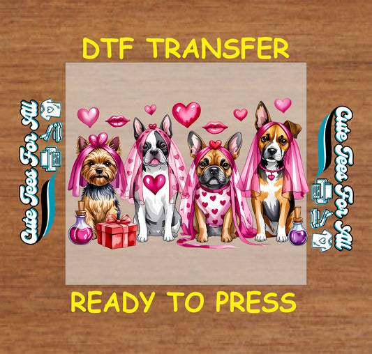 Dog love ready to press dtf transfer with heart accents and Valentine theme for diy Valentine shirts