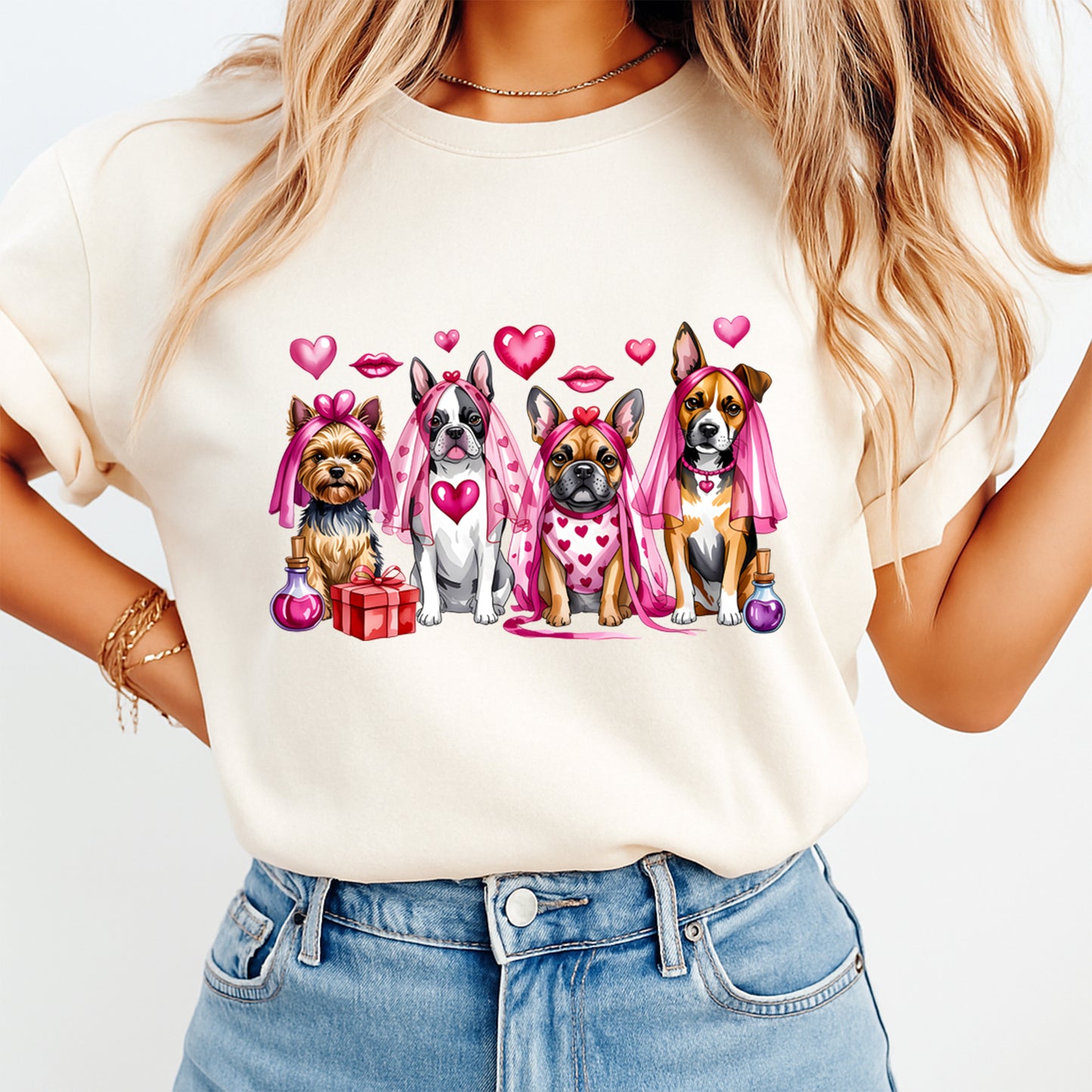 Valentine DTF Transfer – Love Dogs Bow Hearts Ready to Press Iron On Heat Transfer DIY Valentine Shirts 12606