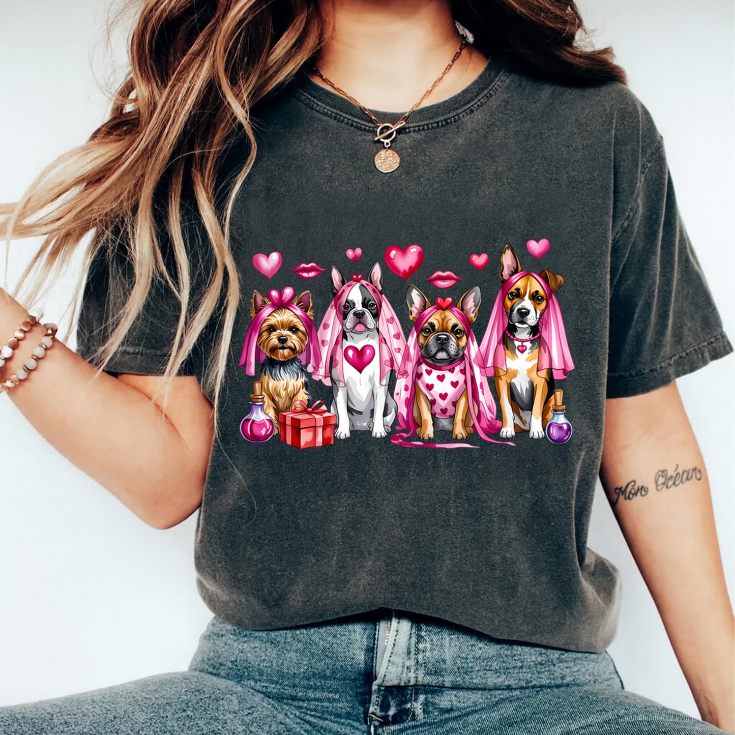 Valentine DTF Transfer – Love Dogs Bow Hearts Ready to Press Iron On Heat Transfer DIY Valentine Shirts 12606