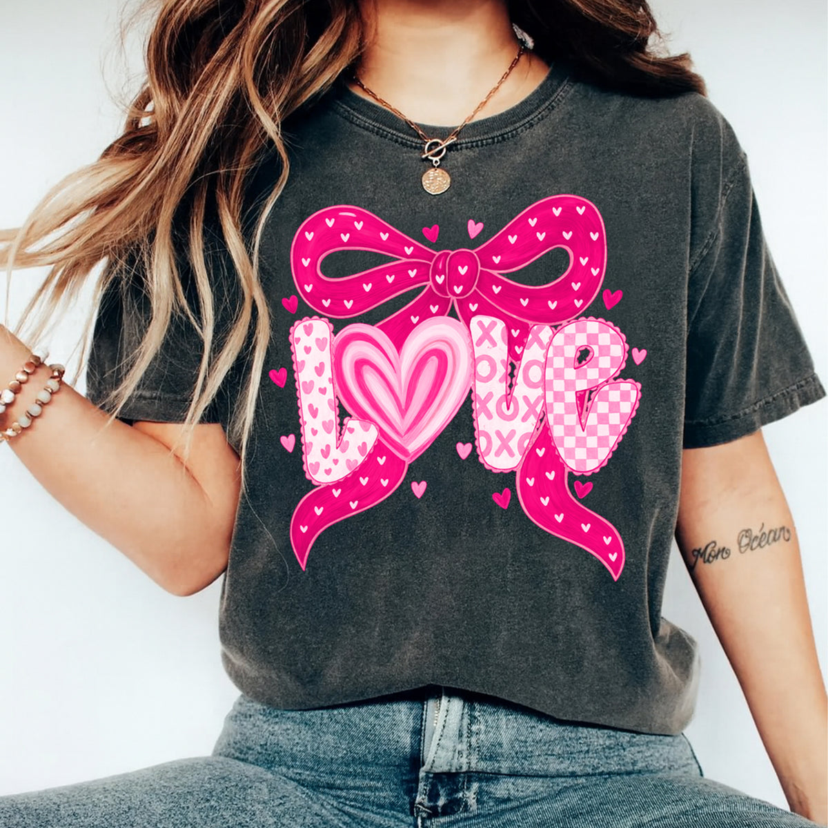 Valentine DTF Transfer – Love Bow Heart Letters Ready to Press Iron On Heat Transfer DIY Valentine Shirts 12607