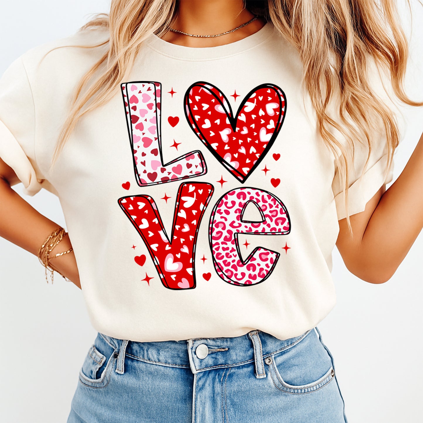 Valentine DTF Transfer – Love Heart Pattern Letters Ready to Press Iron On Heat Transfer DIY Valentine Shirts 12608