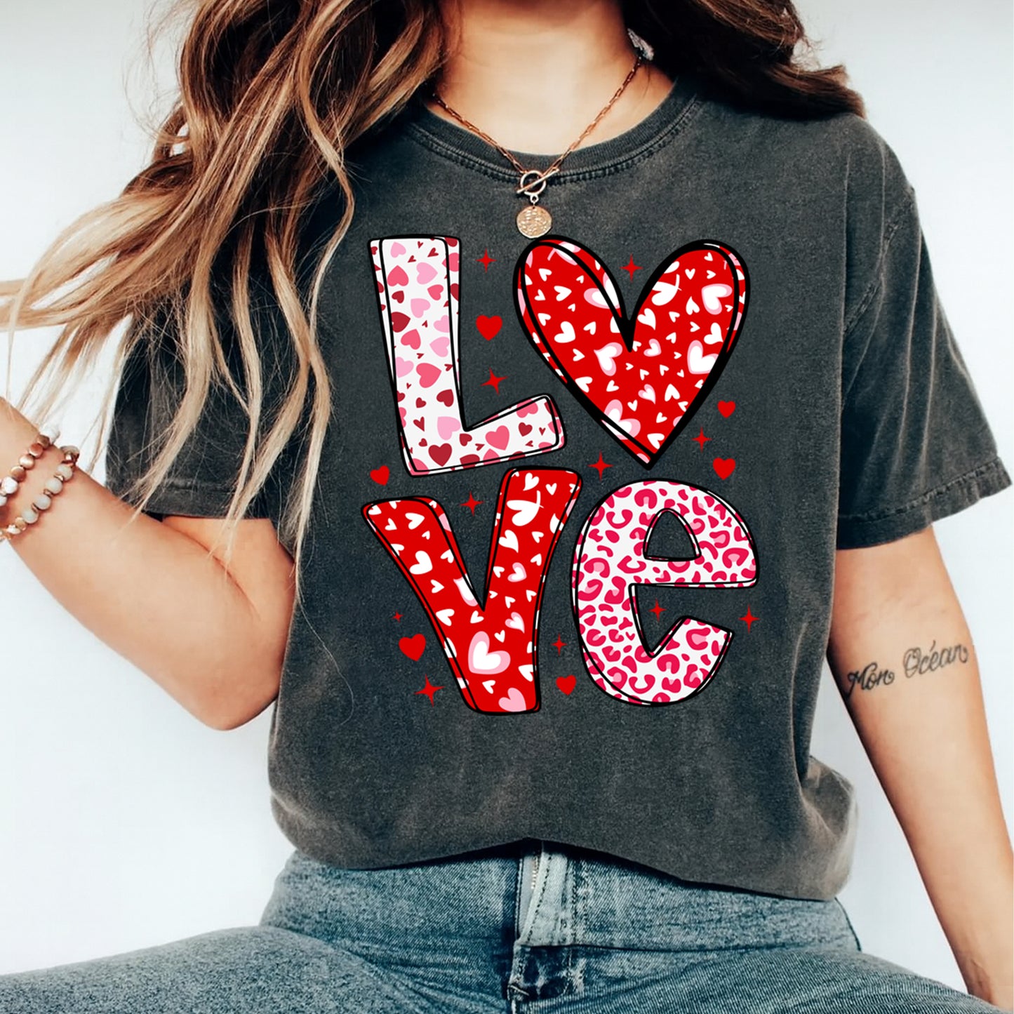 Valentine DTF Transfer – Love Heart Pattern Letters Ready to Press Iron On Heat Transfer DIY Valentine Shirts 12608