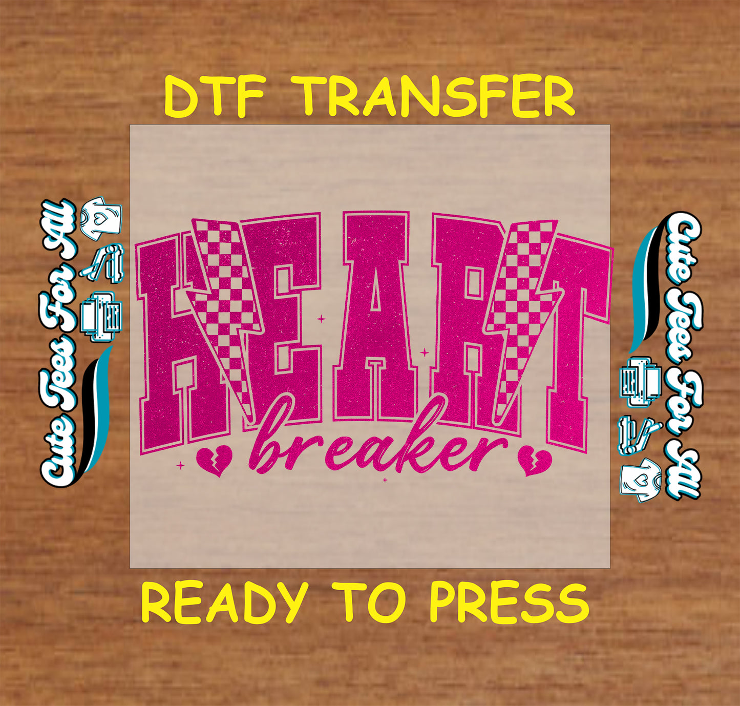 Heart breaker lightning ready to press dtf transfer with varsity lettering and broken heart details for diy valentine shirts