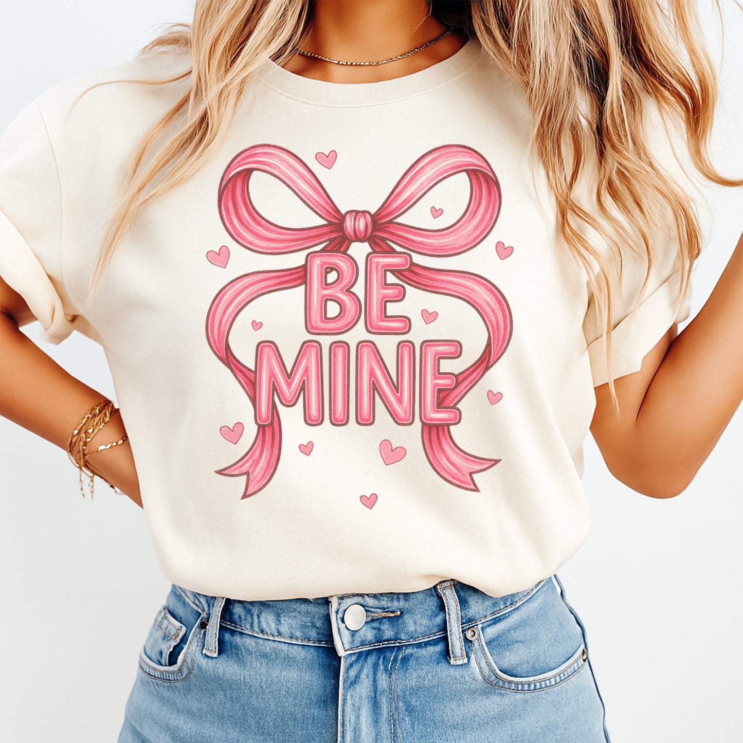 Valentine DTF Transfer – Be Mine Bow Heart Ready to Press Iron On Heat Transfer DIY Valentine Shirts 12612